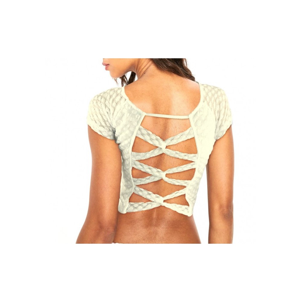 AC316 Top 3/4  dentelle pois brodés croisé du dos
