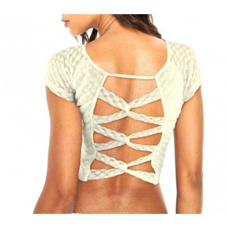 AC316 Top 3/4  dentelle pois brodés croisé du dos AC316 Top 3/4  dentelle pois brodés croisé du dos