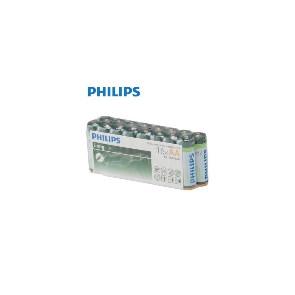 Paquet de 16 piles longue durée r6 mignon - 1,5 v AA zinc-carbone PHILIPS