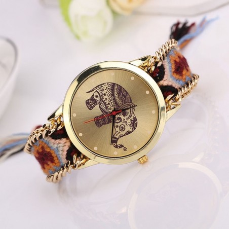 Montre ethnique/ dessin éléphant / Face et bords dorés MOD SUMMER
