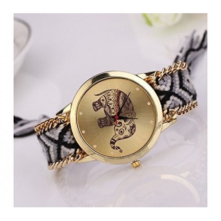 Montre ethnique/ dessin éléphant / Face et bords dorés MOD SUMMER