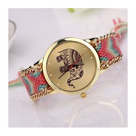 Montre ethnique/ dessin éléphant / Face et bords dorés MOD SUMMER
