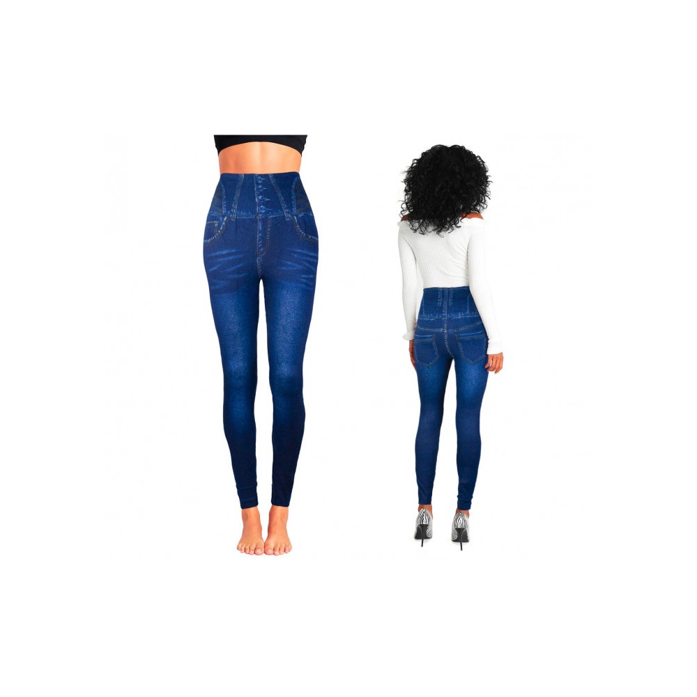 F327 Legging thermique effet denim mod. Hera avec intérieur polaire bleu