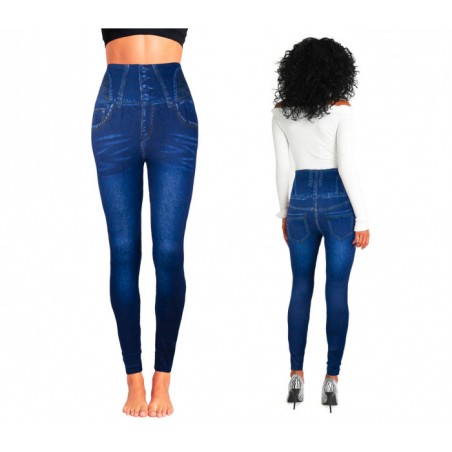 F327 Legging thermique effet denim mod. Hera avec intérieur polaire bleu