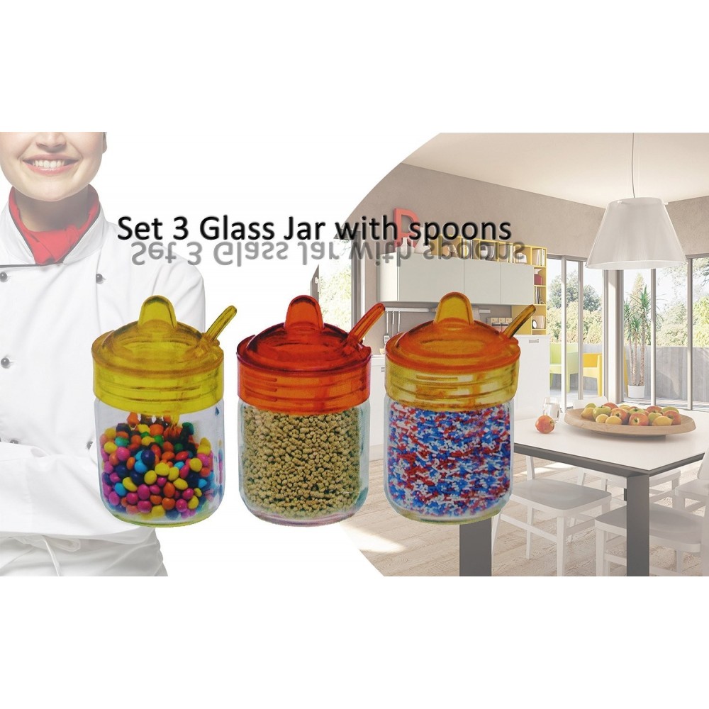 Set 3 recipientes 200ML de cristal para especias y alimentos 6,5 X 11 cm con tapa y cuchara incluída 