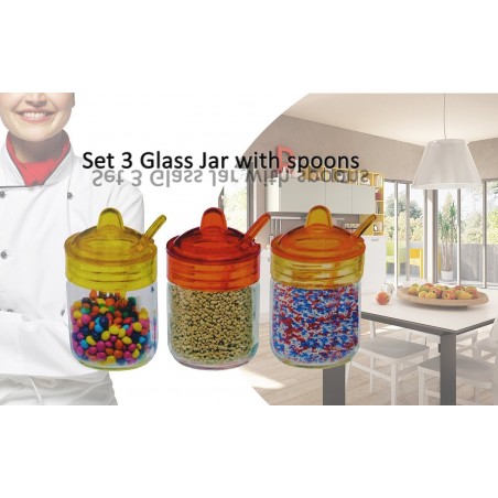 Set 3 recipientes 200ML de cristal para especias y alimentos 6,5 X 11 cm con tapa y cuchara incluída 