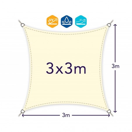 Auvent carré 482407 beige 3x3m avec crochets renforcés et corde en nylon
