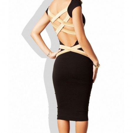 Vestido de mujer ajustado de tubo color negro con espalda de rayas doradas mod. SOLANA - Moda femenina