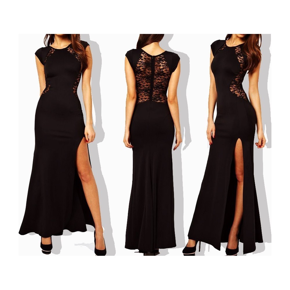 Vestido largo ajustado de color negro con encaje en la espalda y elegante abertura lateral mod. LEASY BLACK - Moda femenina