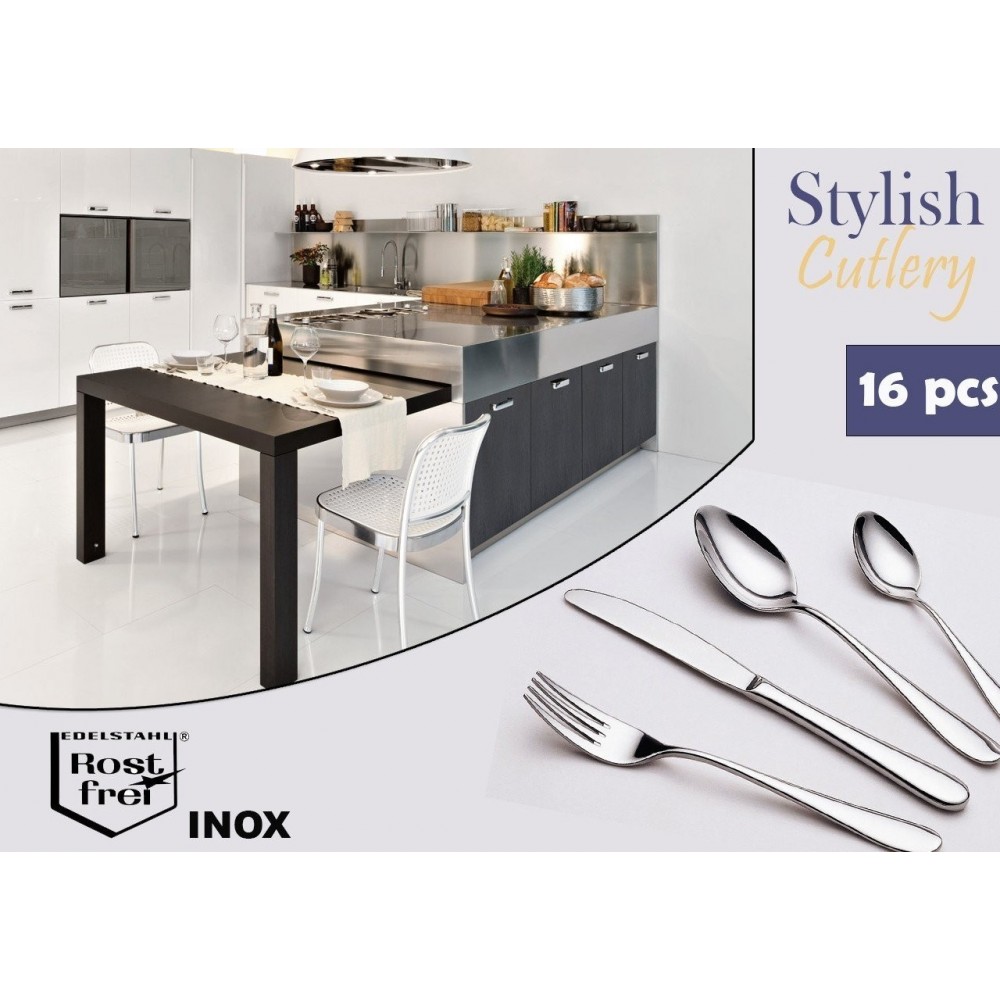 Set 16 piezas - Conjunto de cubiertos de cocina INOX con estilo moderno y elegante en cómodo maletín STYLISH CUTLERY