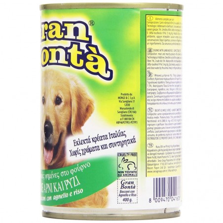 Pack 12 boîtes de conserve GRAN BONTA' d'agneau et riz pour chien 1230g