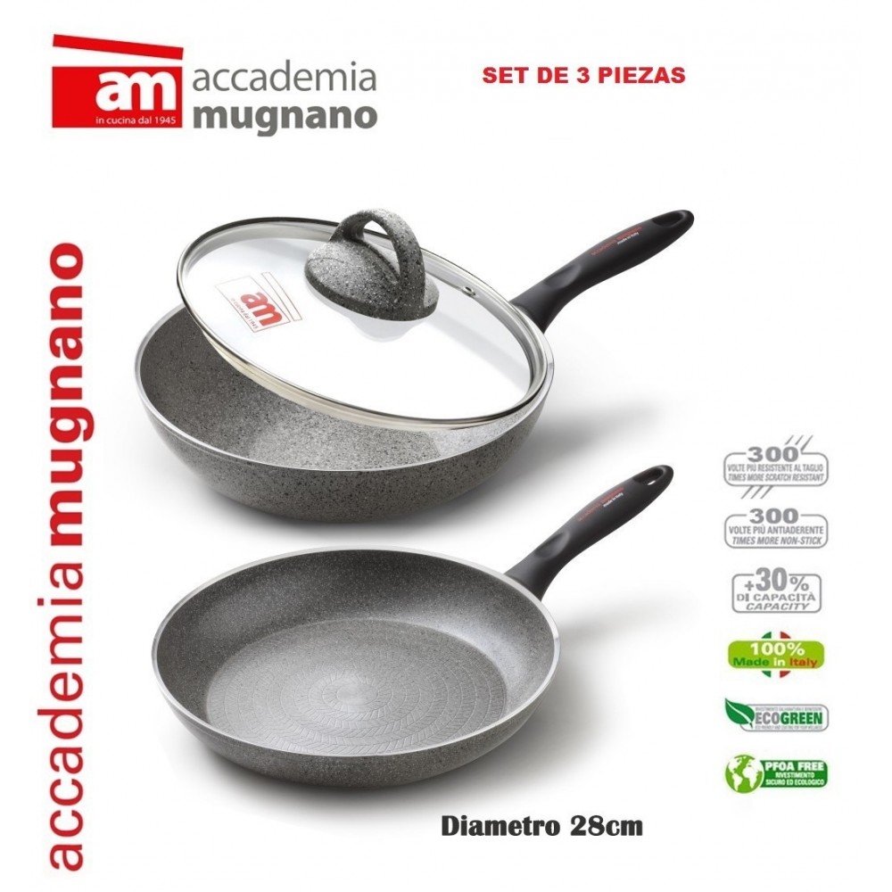 Set 2 sartenes de 28cm mas 1 tapa  con efecto piedra revestimiento - Accademia Mugnano LIINIA DURA