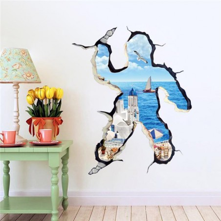 Sticker murale effet 3D Trompe l'œil motif s'échapper à la mer 100 x 70 cm