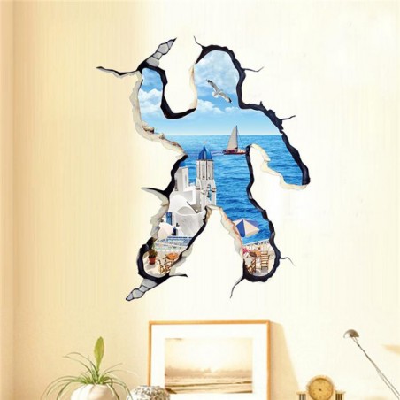 Sticker murale effet 3D Trompe l'œil motif s'échapper à la mer 100 x 70 cm