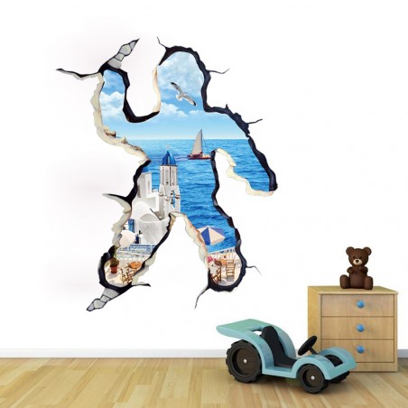 Sticker murale effet 3D Trompe l'œil motif s'échapper à la mer 100 x 70 cm