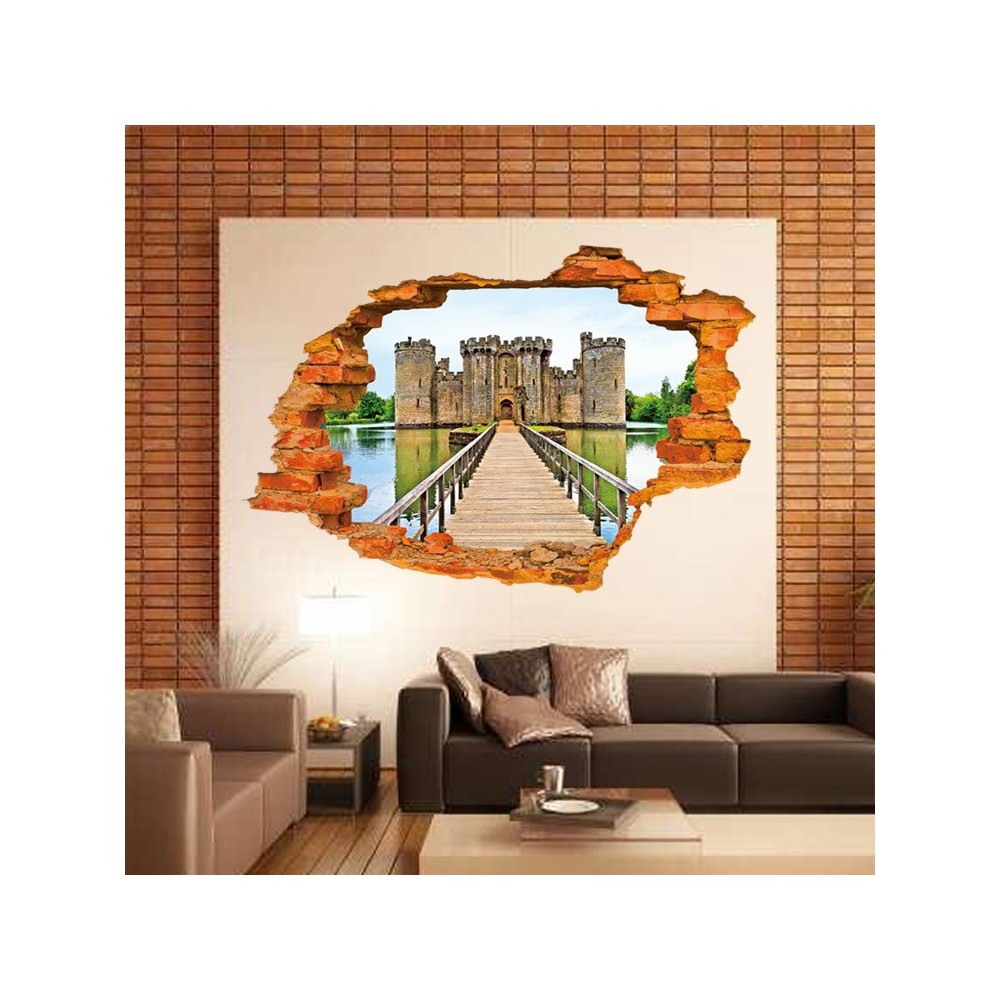 Sticker murale effet 3D Trompe l'œil motif château fort 60 x 90 cm