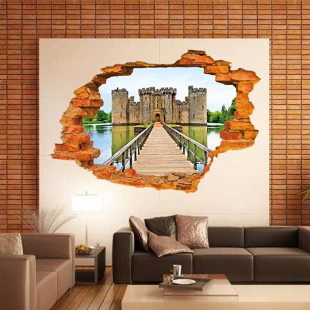 Sticker murale effet 3D Trompe l'œil motif château fort 60 x 90 cm