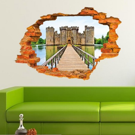 Sticker murale effet 3D Trompe l'œil motif château fort 60 x 90 cm