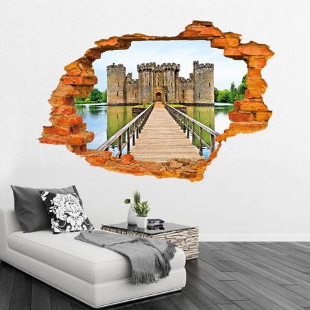 Sticker murale effet 3D Trompe l'œil motif château fort 60 x 90 cm