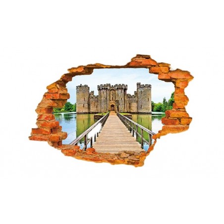 Sticker murale effet 3D Trompe l'œil motif château fort 60 x 90 cm