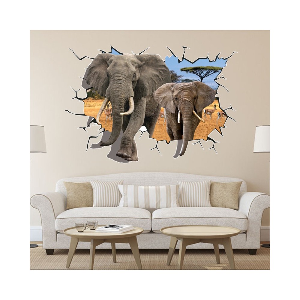 Sticker murale effet 3D Trompe l'œil Afrique deux éléphantes 100 x 70 cm
