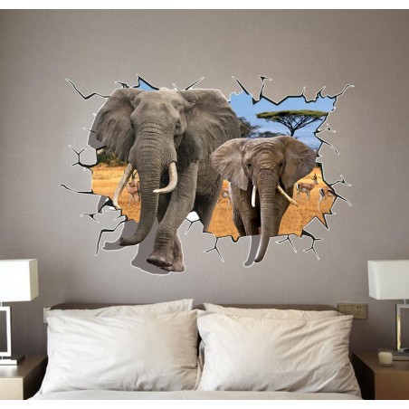 Sticker murale effet 3D Trompe l'œil Afrique deux éléphantes 100 x 70 cm