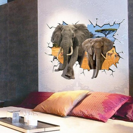 Sticker murale effet 3D Trompe l'œil Afrique deux éléphantes 100 x 70 cm