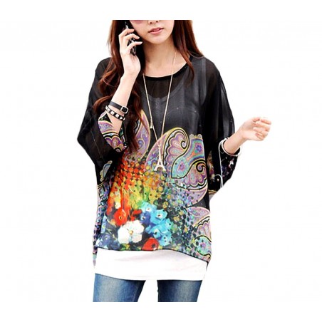 Blouse en mousseline de soie oversize asymétrique avec imprimé floral - Noir