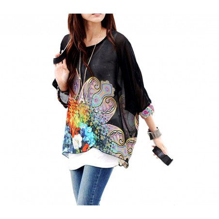 Blouse en mousseline de soie oversize asymétrique avec imprimé floral - Noir
