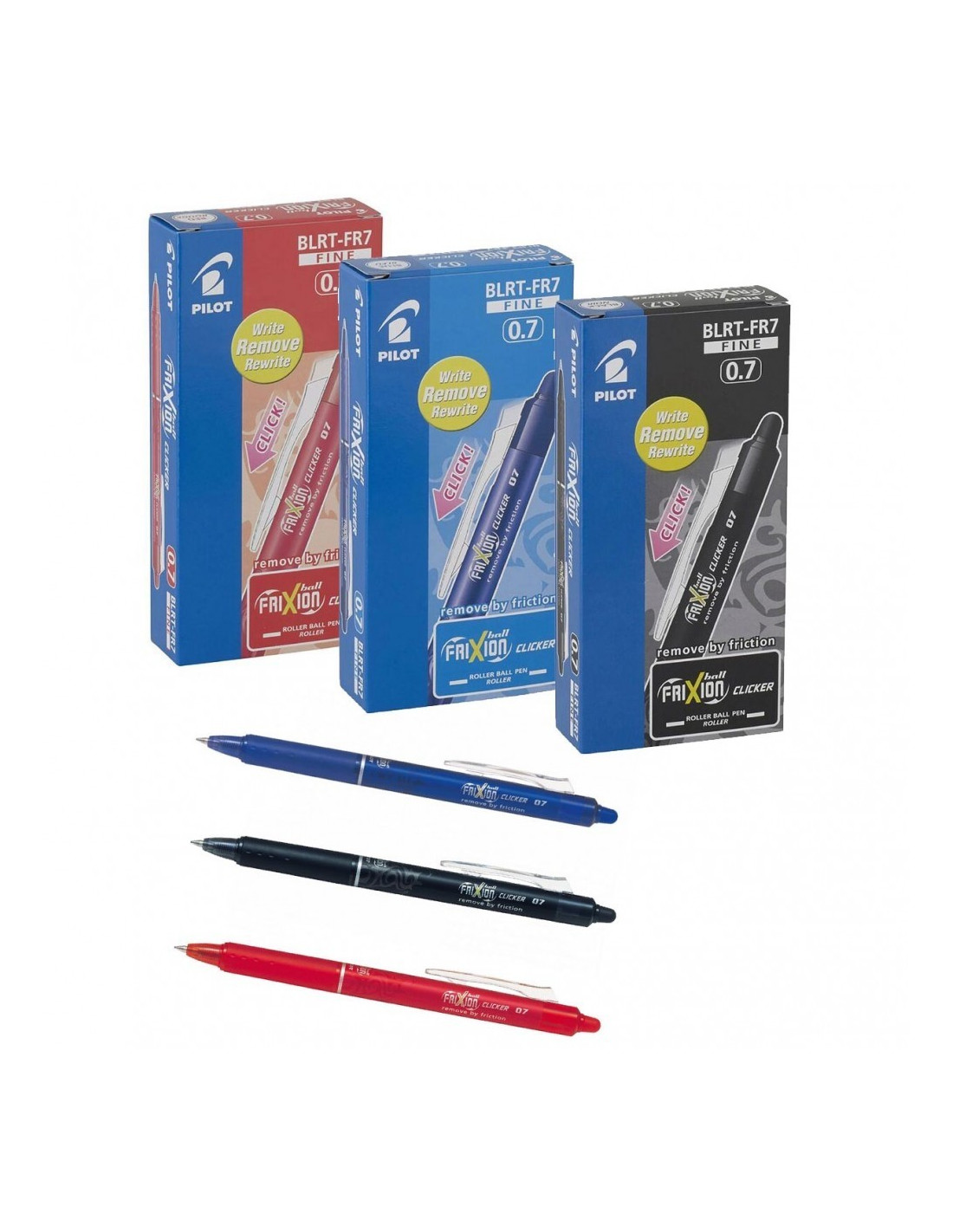 Pack 1 stylo CLIKER + 3 sets 3 recharges + 1 gomme PILOT FRIXION 07 BLEU