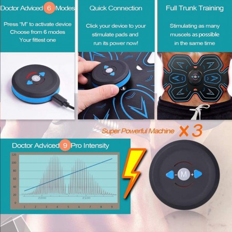 Électrostimulateur ABDOMINAL MUSCULAIRE  ABS et bras rechargeable en silicone