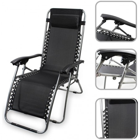 604001 EVERTOP Chaise de plage pliante et inclinable GRAVITÀ ZERO BLACK