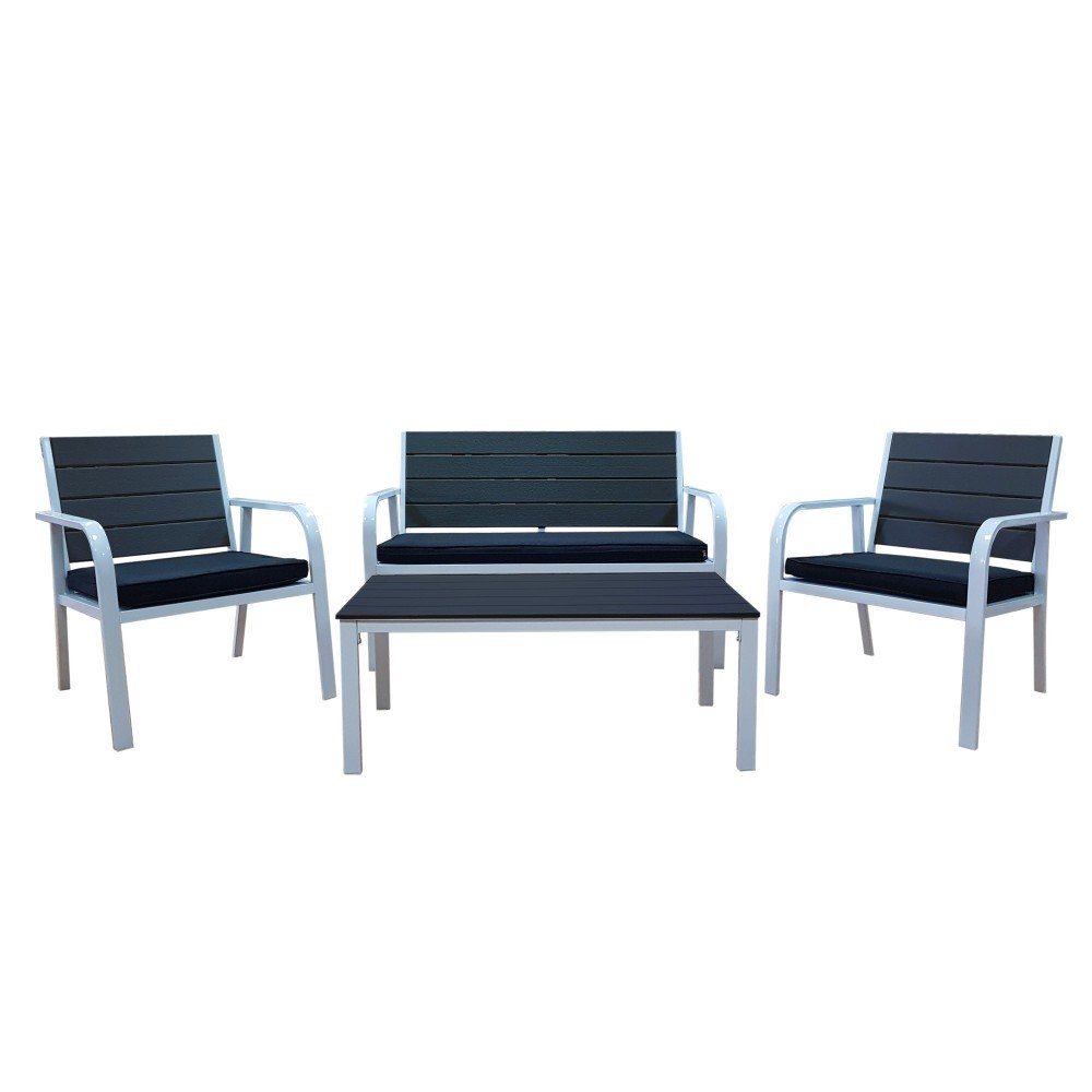 Ensemble complet table Dallas 2 chaises 1 banc de jardin avec coussins