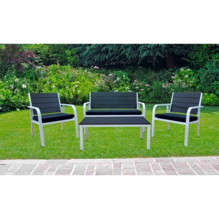 Ensemble complet table Dallas 2 chaises 1 banc de jardin avec coussins