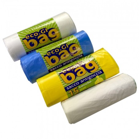 Kit 4 rouleaux de 15 sacs poubelles anti-gouttes colorés pour recyclage 55x65cm