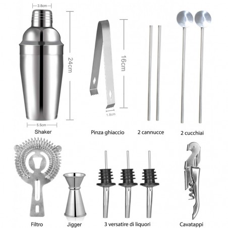 Kit 12 + 1 pièces de Barman avec base en bois et guide pour cocktail en acier