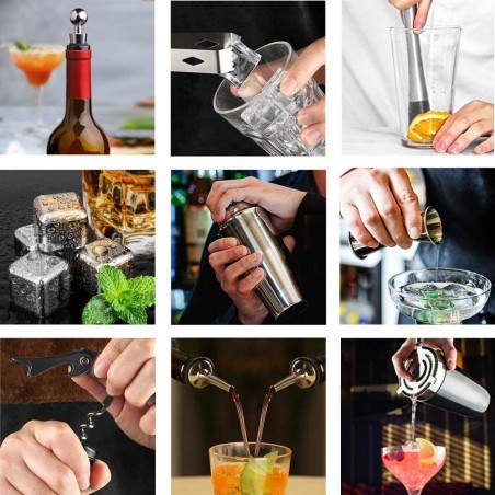 Kit 12 + 1 pièces de Barman avec base en bois et guide pour cocktail en acier