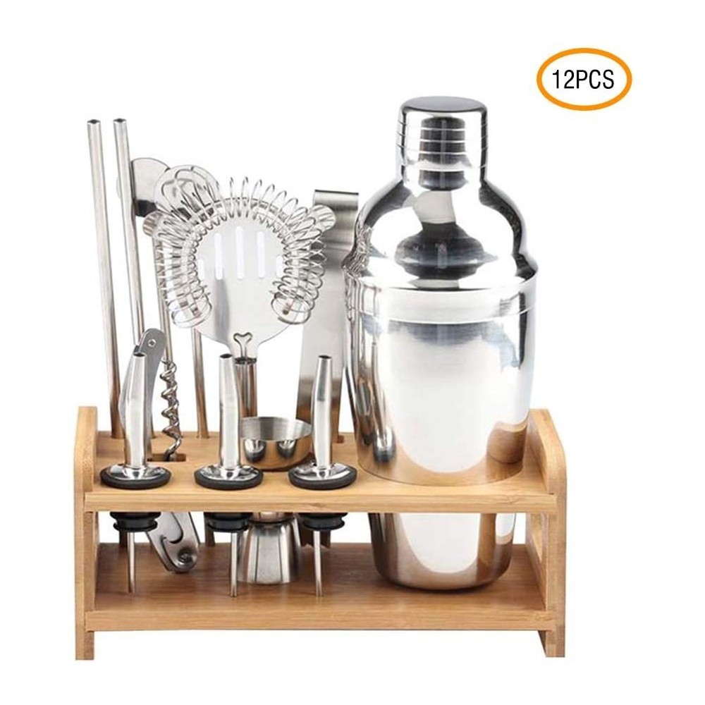 Kit 12 + 1 pièces de Barman avec base en bois et guide pour cocktail en acier