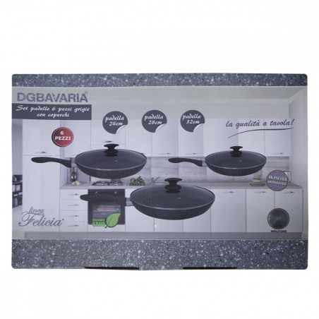 354002 DGBAVARIA Set de 3 poêles en pierre grise avec couvercles 24-28-32 cm