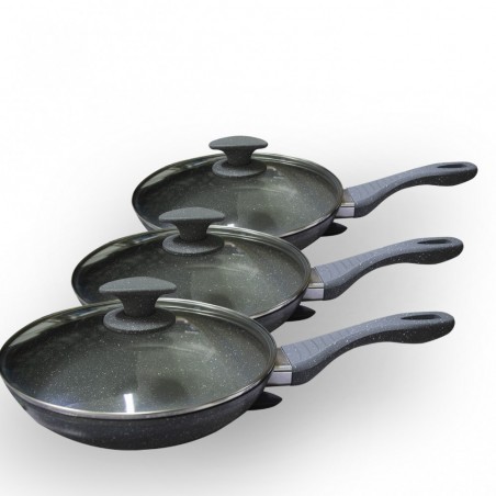354002 DGBAVARIA Set de 3 poêles en pierre grise avec couvercles 24-28-32 cm