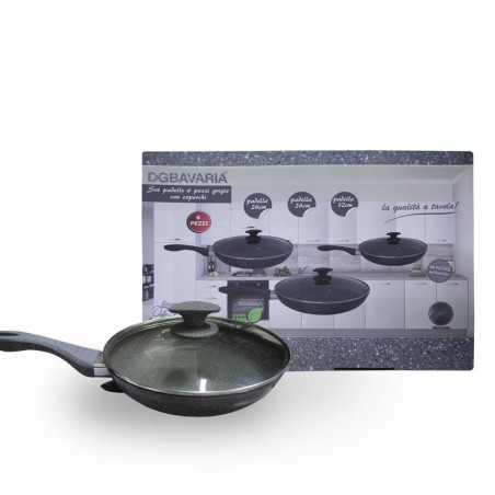 354002 DGBAVARIA Set de 3 poêles en pierre grise avec couvercles 24-28-32 cm