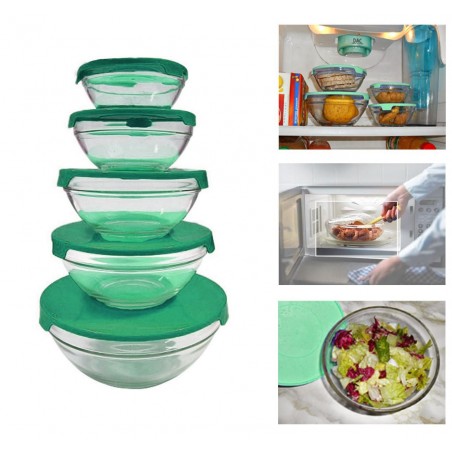 Set 5 récipients en verre empilables bols cooking bowl pour micro-ondes vert