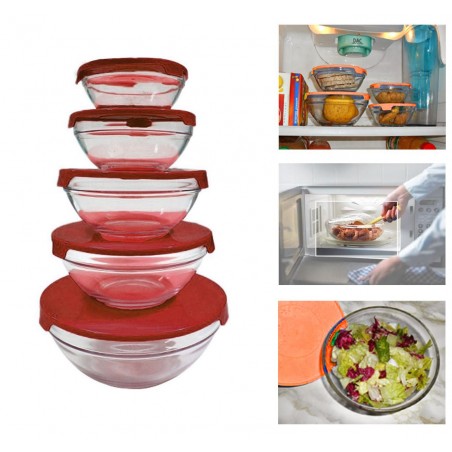 Set 5 récipients en verre empilables bols cooking bowl pour micro-ondes Rouge