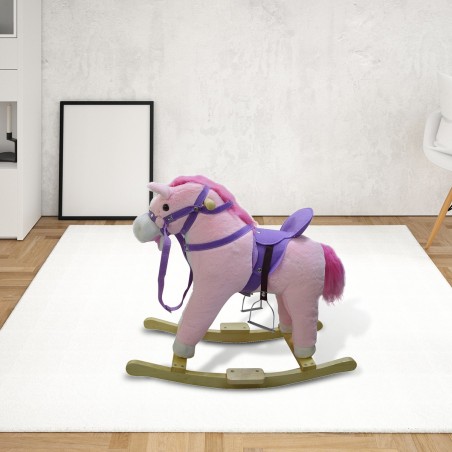 Cheval à bascule en peluche et bois 432013 bouge la bouche et fait le vers ROSE