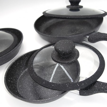 DGBAVARIA set 6 pièces poêles et couvercles 120001 NOIR en pierre 20-24-28cm