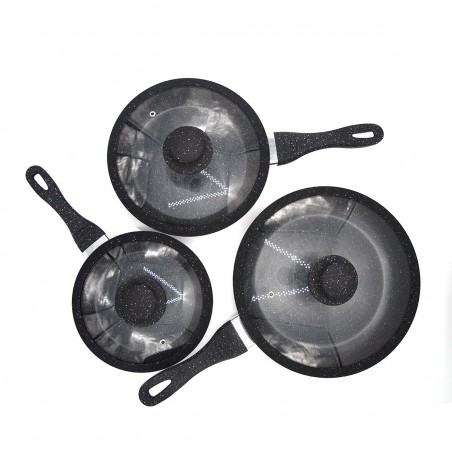 DGBAVARIA set 6 pièces poêles et couvercles 120001 NOIR en pierre 20-24-28cm