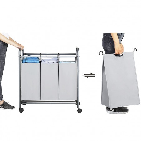 Panier Porte-objets et linge 3 sacs amovibles et roulettes Panier Linge
