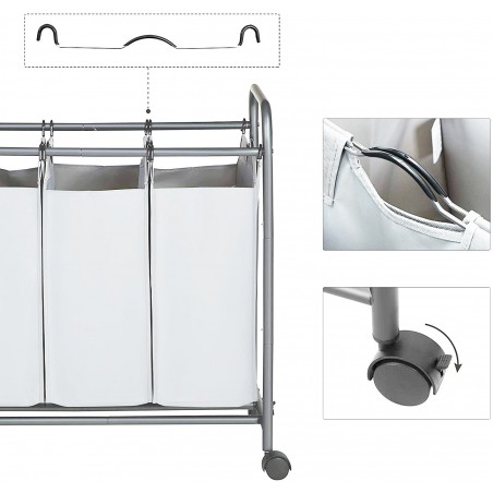 Panier Porte-objets et linge 3 sacs amovibles et roulettes Panier Linge