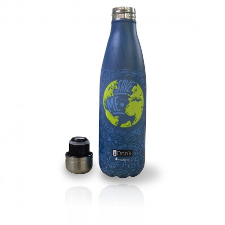 Bouteille MONDE acier double paroi ID0033 réutilisable 500ml bleu sans BPA