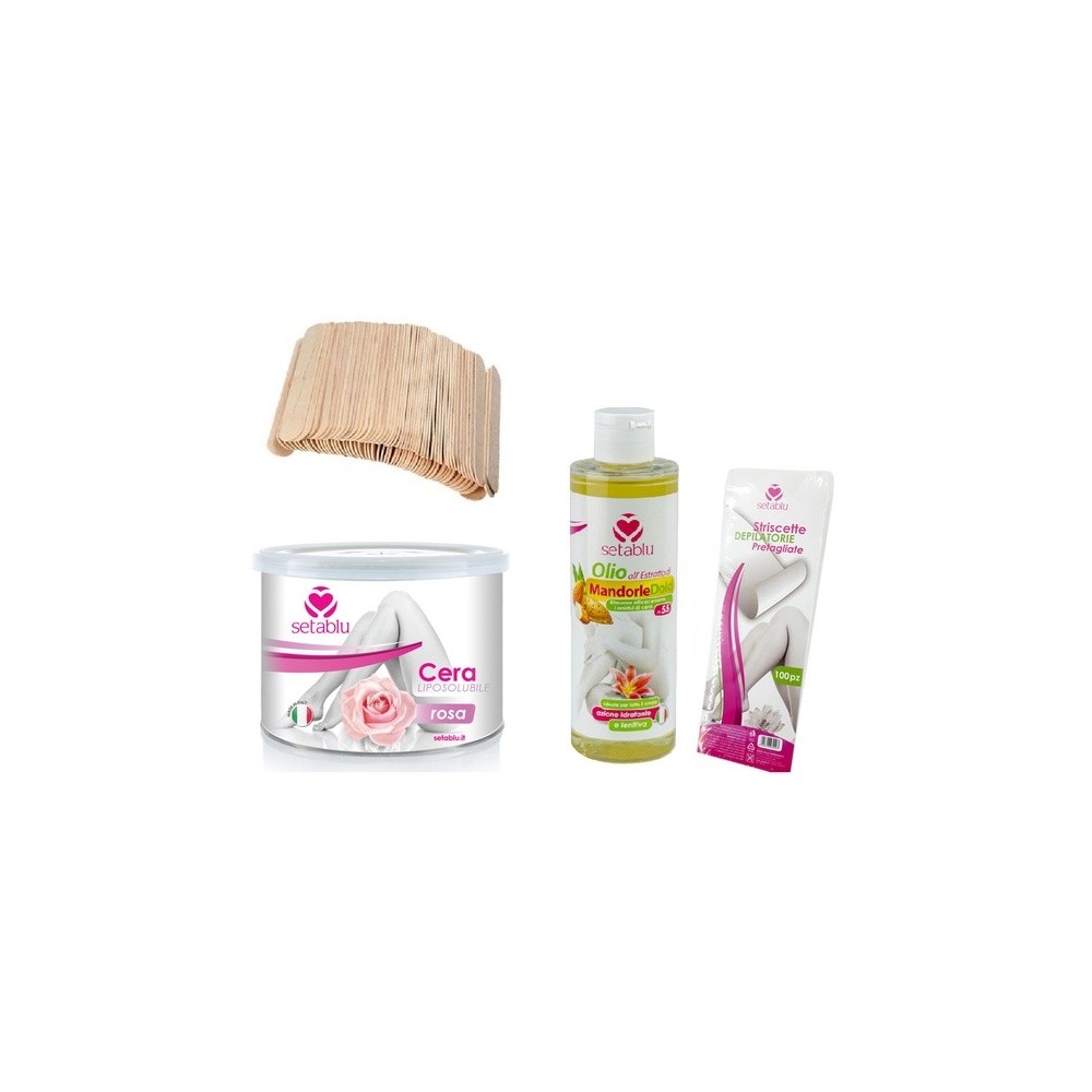 Kit SETABLU cire peaux sensibles, huile d’amande,spatules et bandes dépilatoires